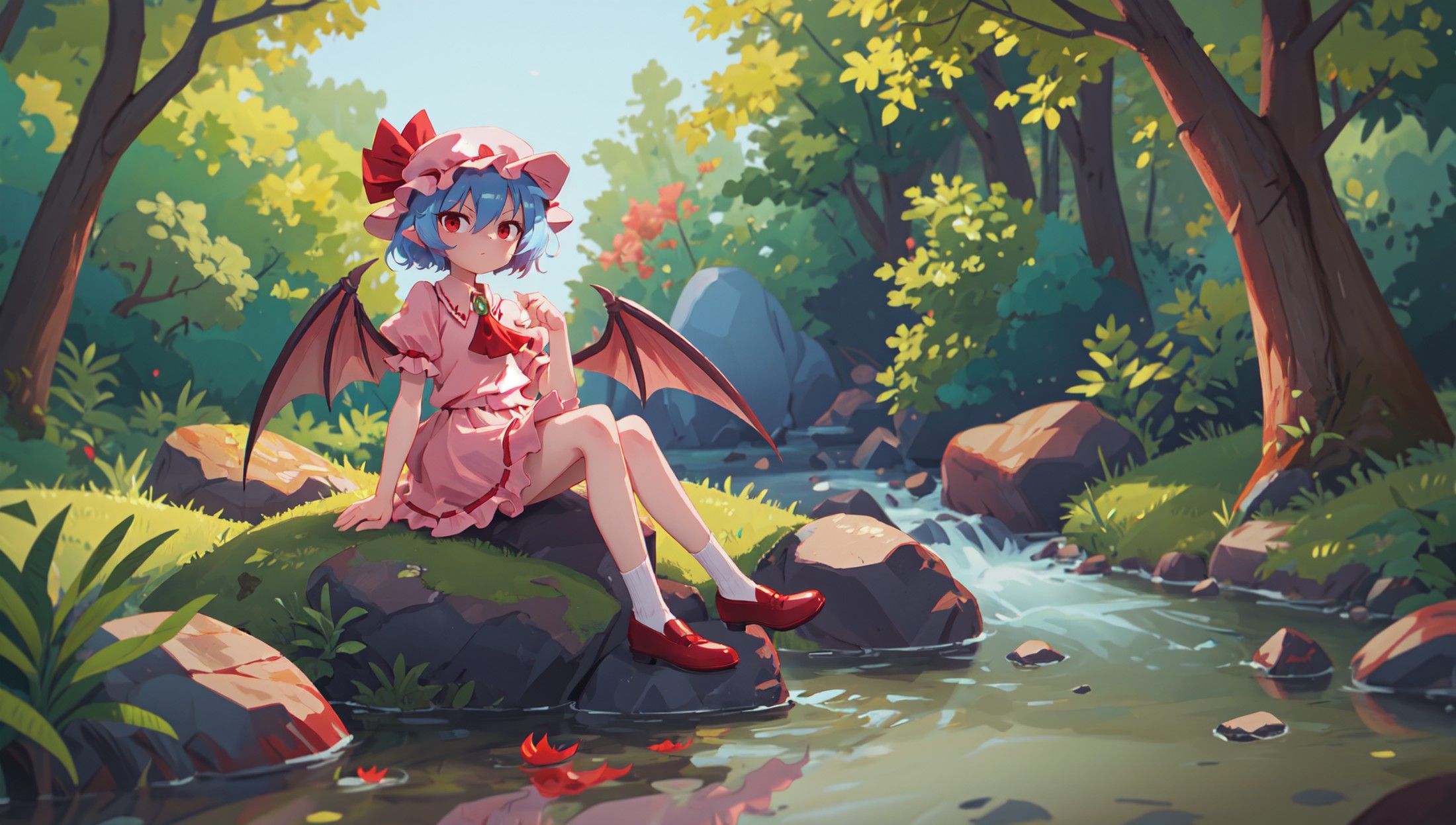 remilia scarlet, mob cap, bat wings, ascot, red eyes, superb, sitting on a rock beside a stream, nature, outdoors, masterp...